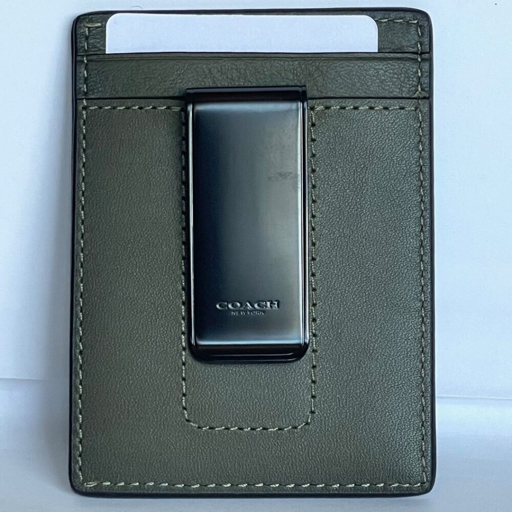 Coach Money Clip Card Case Mens Army Green Leather C6702 Wallet Compact - Picture 2 of 9